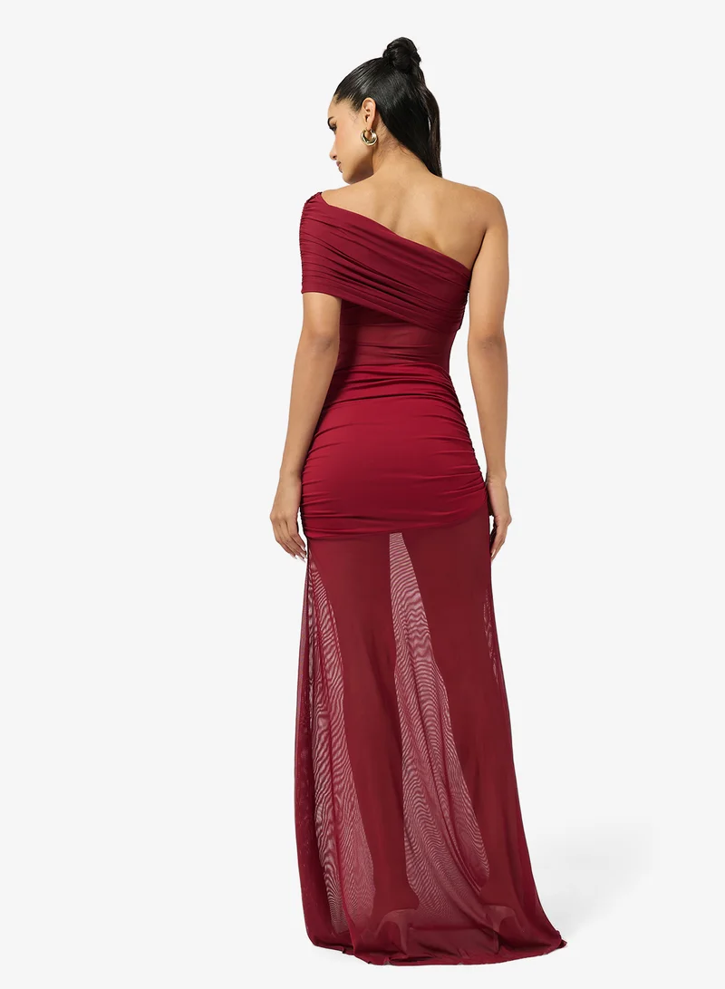 جينجر One Shoulder Ruched Mesh Dress